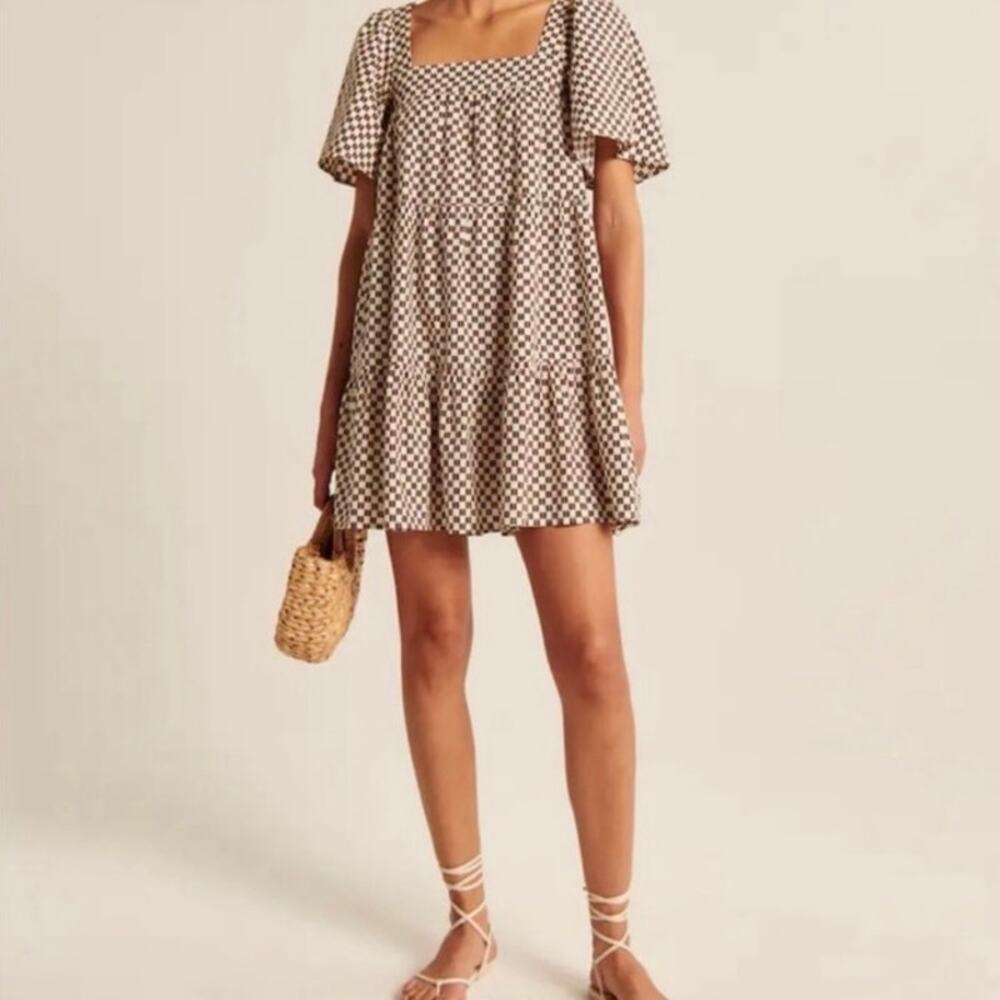 Abercrombie & Fitch Angel Sleeve Trapeze Mini Dress Brown Checkered Size Medium - Picture 13 of 14